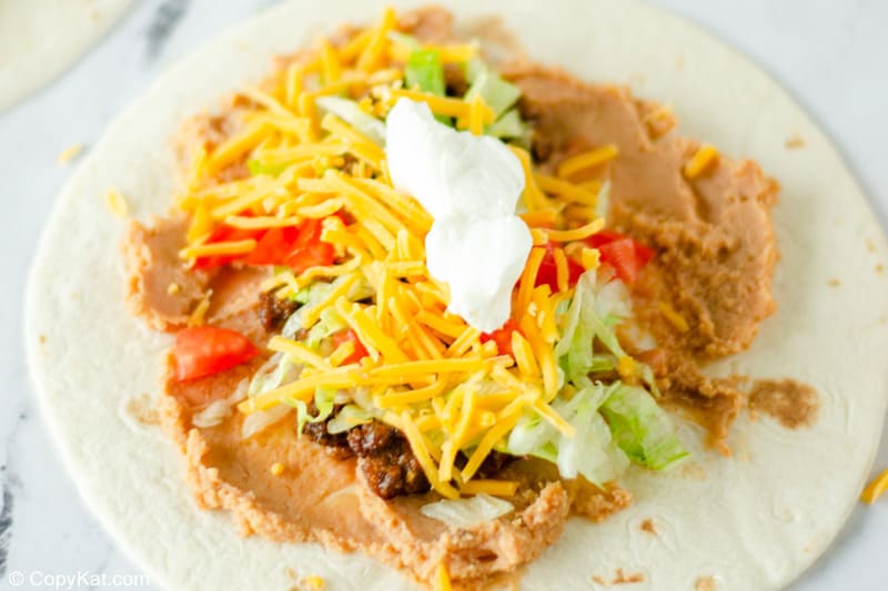 closeup of homemade Taco Bell Burrito Supreme before rolling it up