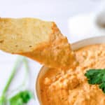 tortilla chip dipping into taco dip
