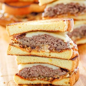 homemade Whataburger patty melt sandwiches cut in half
