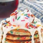a plate of funfetti pancakes like the ihop cupcake pancakes