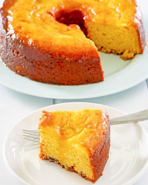 Bacardi Rum Cake on a platter and a slice on a plate.