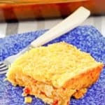 creamed corn casserole and a fork on a plate