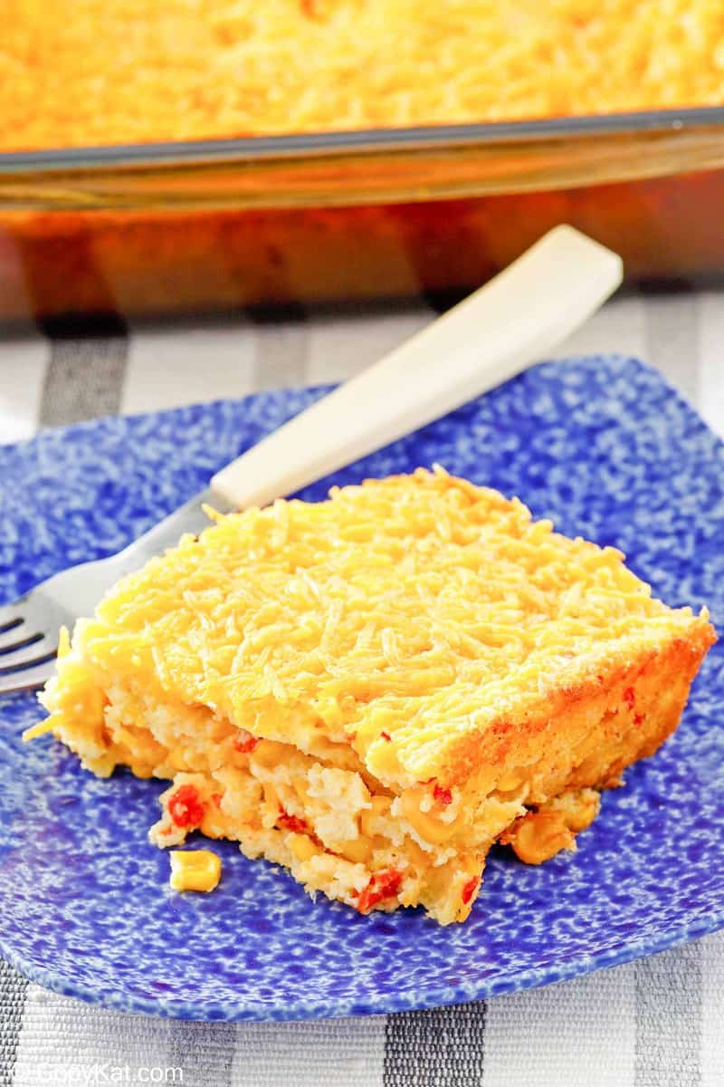 creamed corn casserole and a fork on a plate