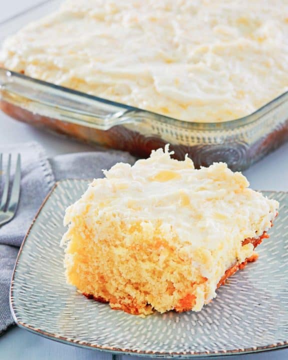 pig pickin cake on a plate and in a baking dish