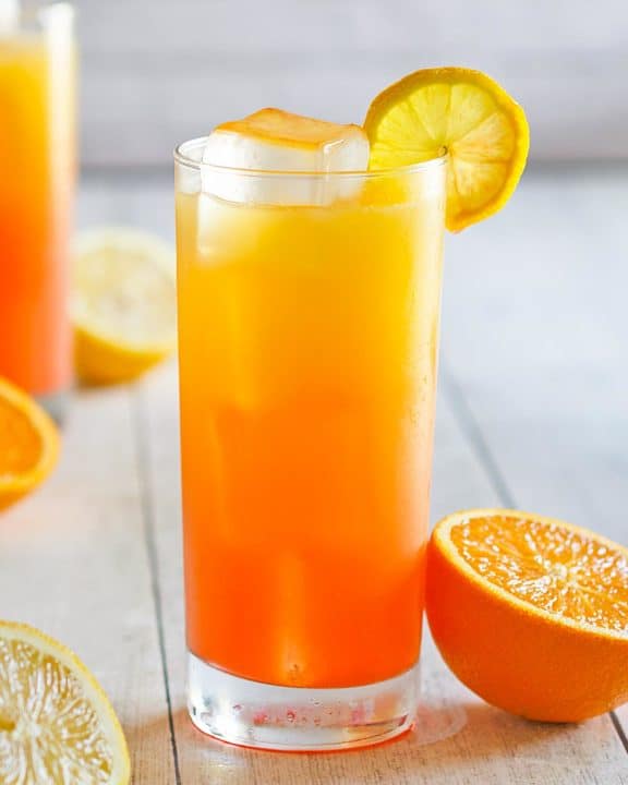 homemade Red Robin Screaming Red Zombie drink and oranges