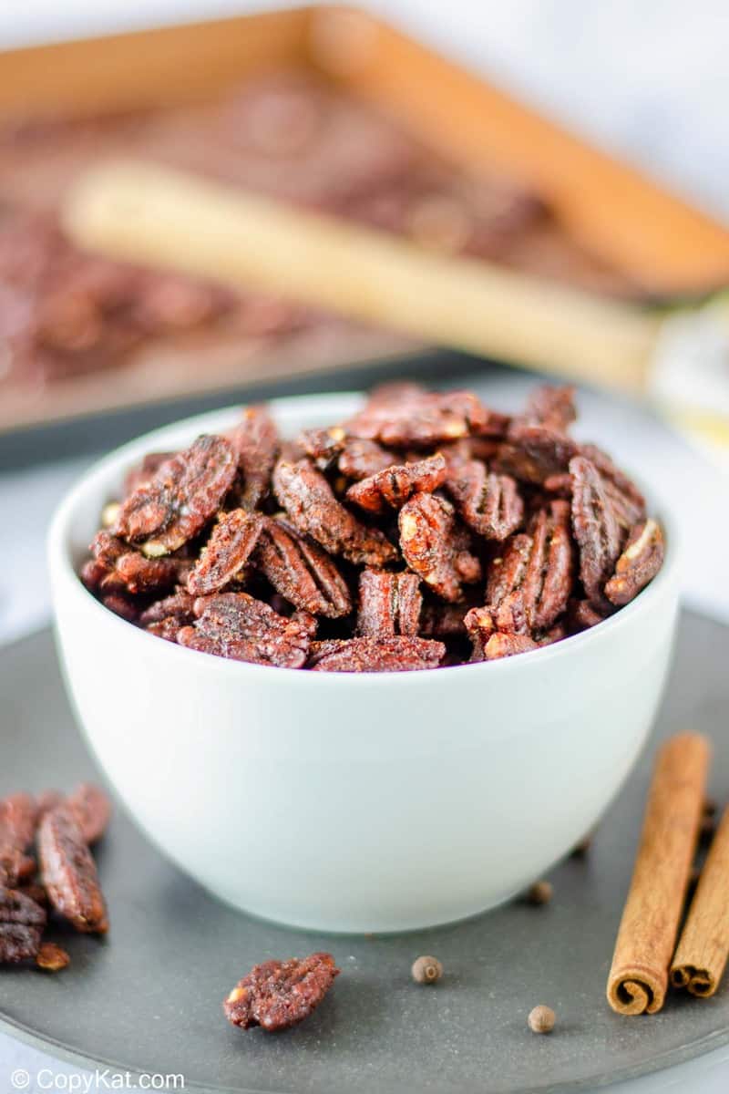 spiced pecans in a bowl