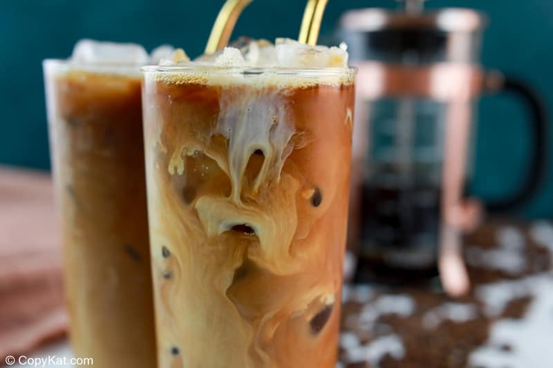 closeup of a homemade Starbucks vanilla sweet cream cold brew coffee drink.