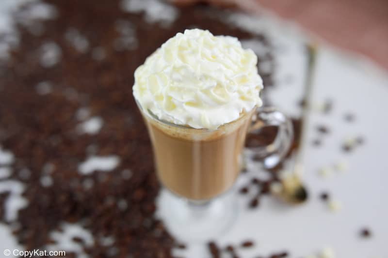 homemade Starbucks white chocolate mocha topped with whipped cream.