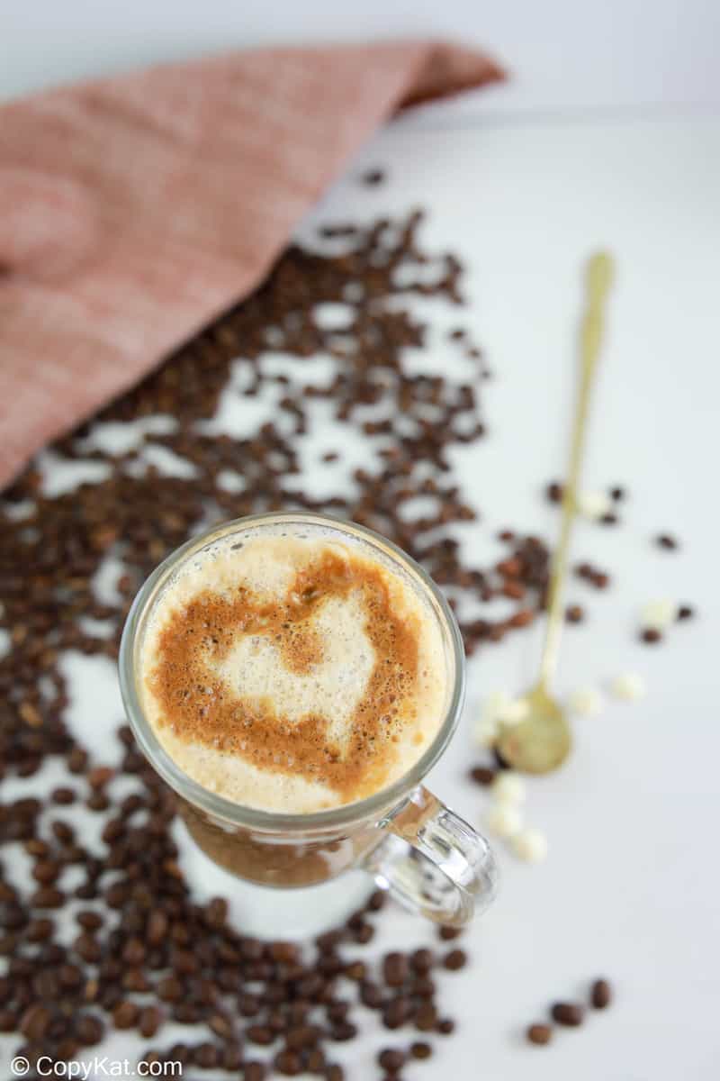white chocolate mocha with a an espresso heart on top.