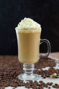 homemade Starbucks white chocolate mocha and coffee beans.