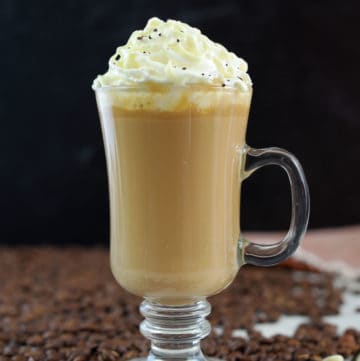 homemade Starbucks white chocolate mocha and coffee beans.