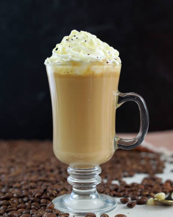 homemade Starbucks white chocolate mocha and coffee beans.