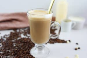stirred white chocolate mocha in a coffee mug.