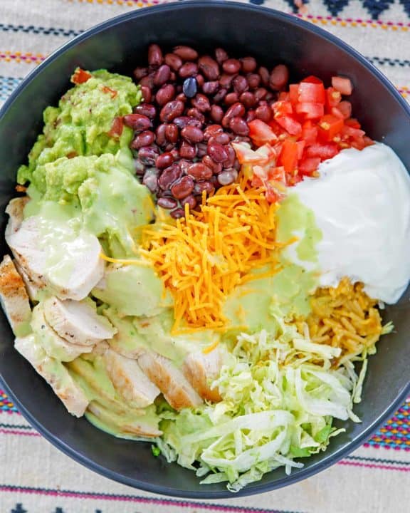 overhead view of homemade Taco Bell power bowl with chicken