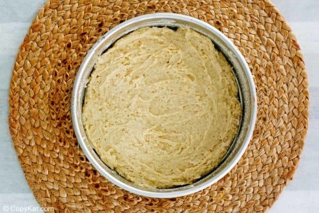 apple coffee cake batter in a pan.