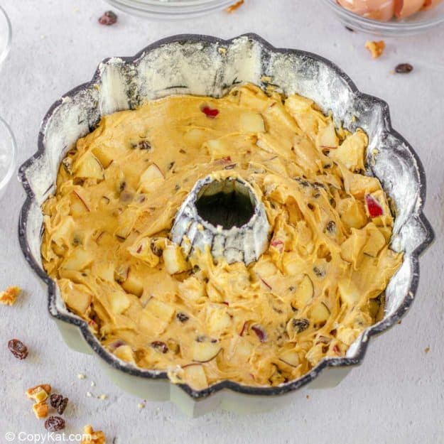 apple spice cake batter in a bundt pan.