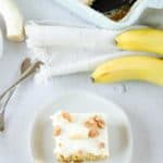 overhead view of banana cake and bananas.