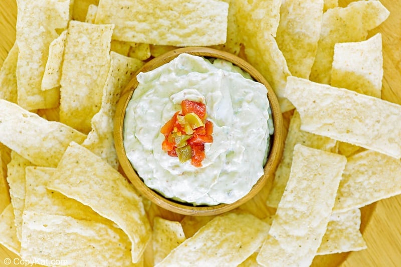 overhead view of homemade Casa Ole creamy Mexican green sauce and tortilla chips.