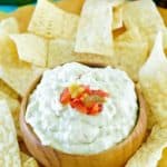 homemade Casa Ole creamy Mexican green sauce and tortilla chips.