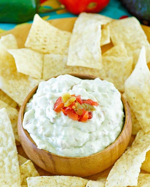 homemade Casa Ole creamy Mexican green sauce and tortilla chips.