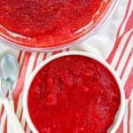 overhead view of cranberry Jello salad in two bowls.