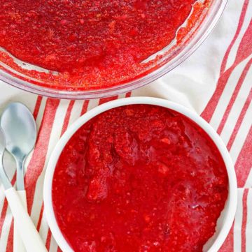overhead view of cranberry Jello salad in two bowls.
