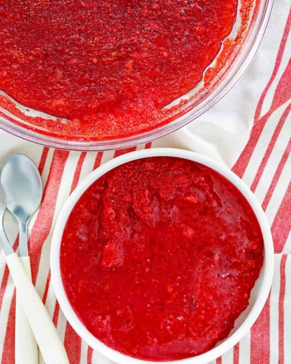 overhead view of cranberry Jello salad in two bowls.