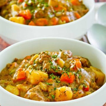 two bowls of Dutch Oven beef stew.