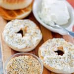 homemade everything bagel seasoning, bagels, and cream cheese.