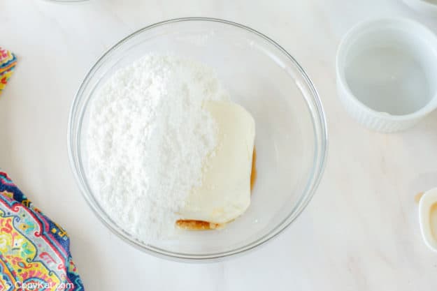 gooey butter cake cream cheese filling ingredients in a mixing bowl.