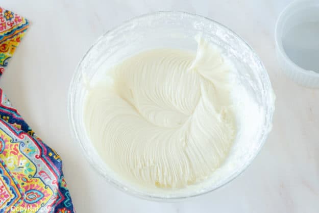 gooey butter cake cream cheese filling in a mixing bowl.