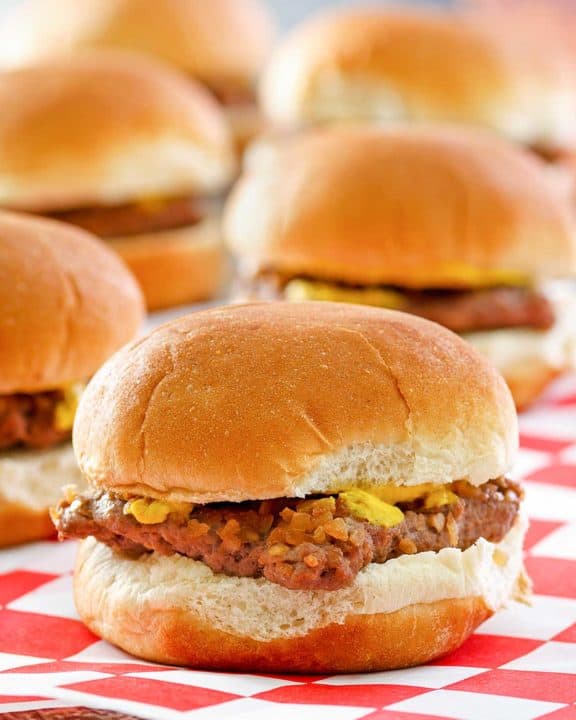 homemade Krystal burger on parchment paper.