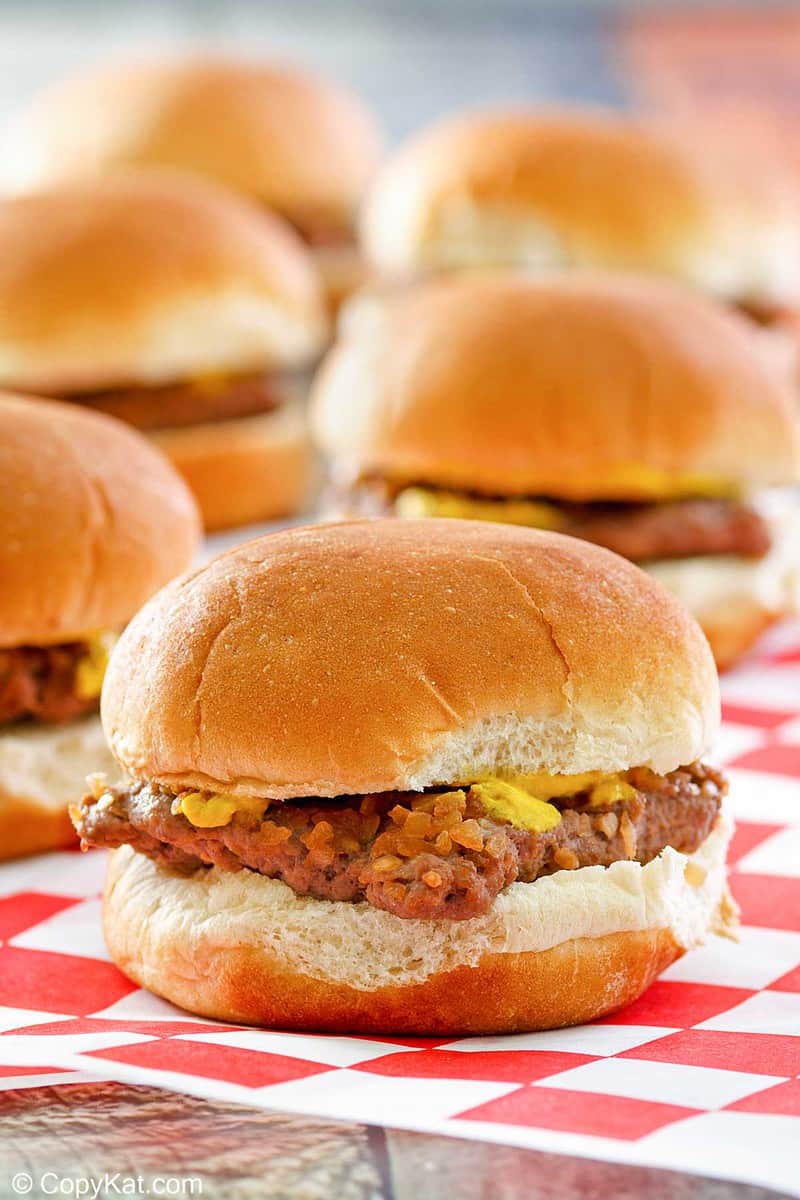 homemade Krystal burger on parchment paper.