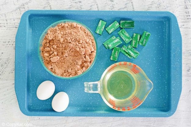 Andes creme de menthe mint brownies ingredients on a tray.