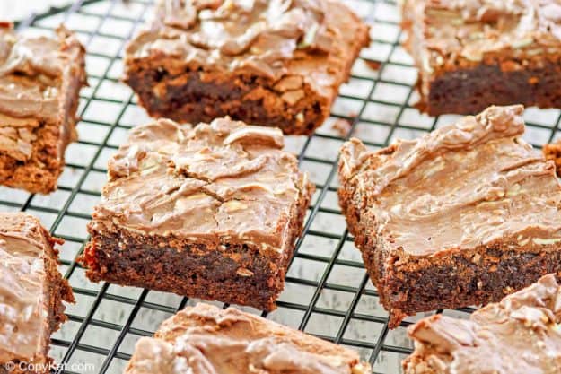 Andes creme de menthe chocolate mint brownies on a wire rack.