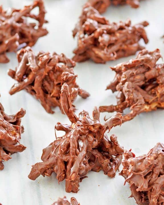 chocolate butterscotch haystacks on wax paper.