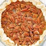 overhead view of a homemade Karo pecan pie.