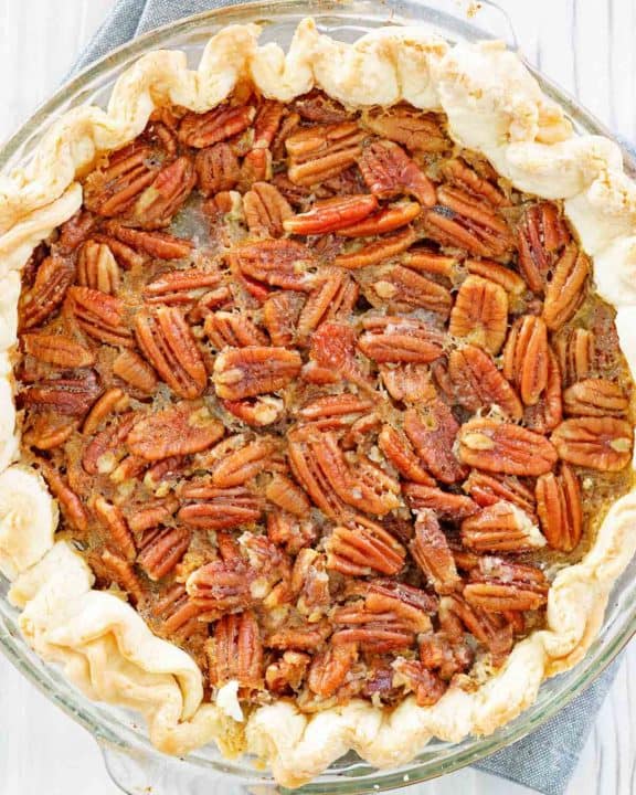 overhead view of a homemade Karo pecan pie.