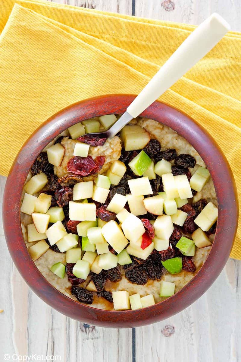overhead view of homemade McDonald's Fruit and Maple Oatmeal in a bowl.