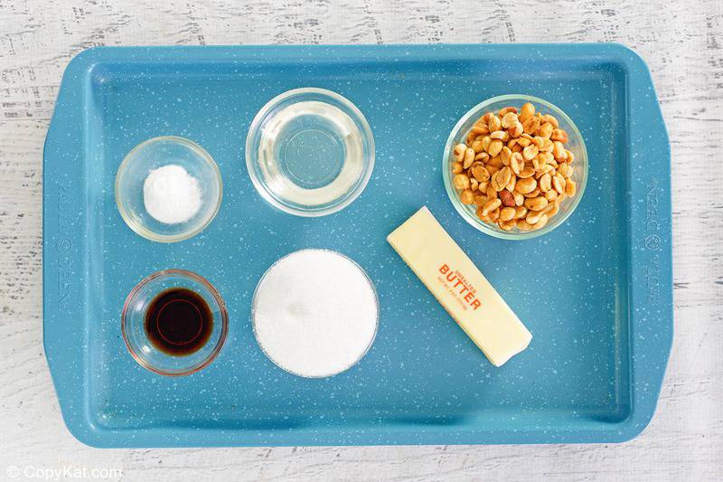 microwave peanut brittle candy ingredients on a tray.