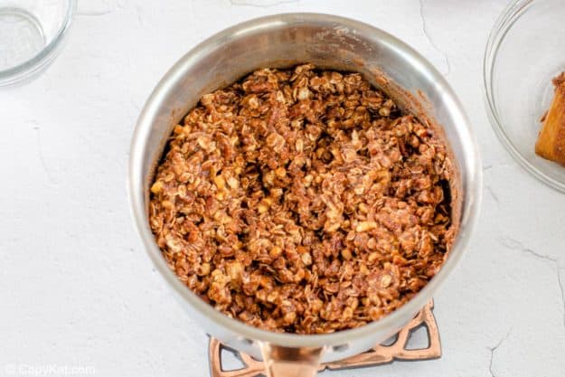 no bake chocolate oatmeal cookies mixture in a pan.