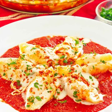 homemade Olive Garden giant cheese stuffed shells in a pasta bowl.