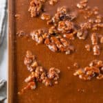 Texas sheet cake in a baking pan.