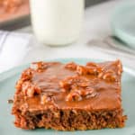 Texas sheet cake slice on a plate and a glass of milk.