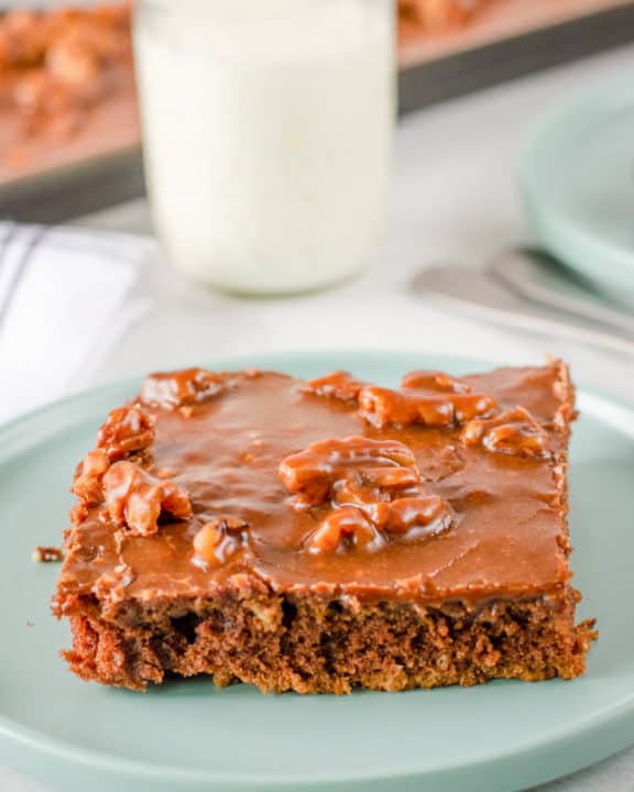 Texas sheet cake slice on a plate and a glass of milk.