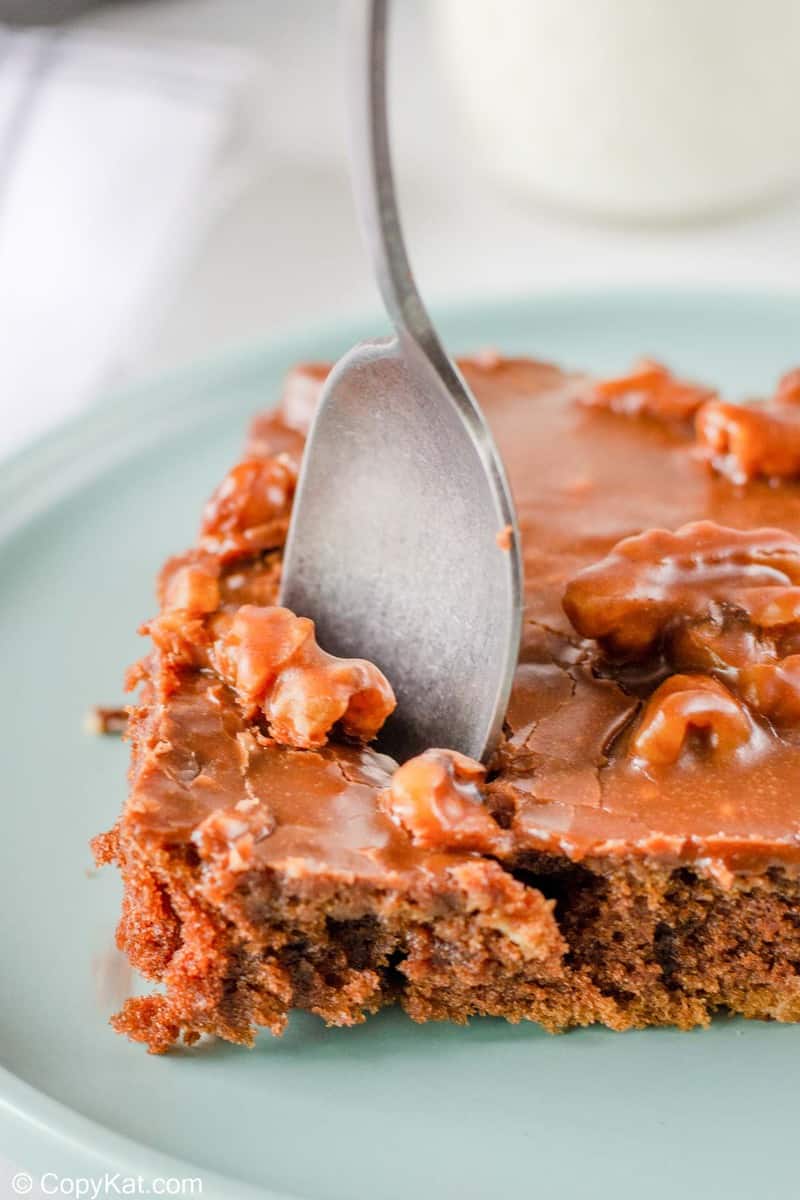 a slice of Texas sheet cake with a spoon in it.