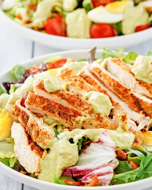 homemade Chick Fil A cobb salad with avocado ranch dressing.