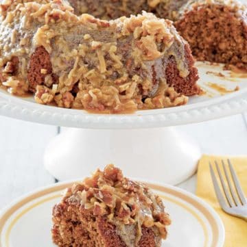 oatmeal cake with coconut pecan frosting on a cake stand and a slice on a plate.