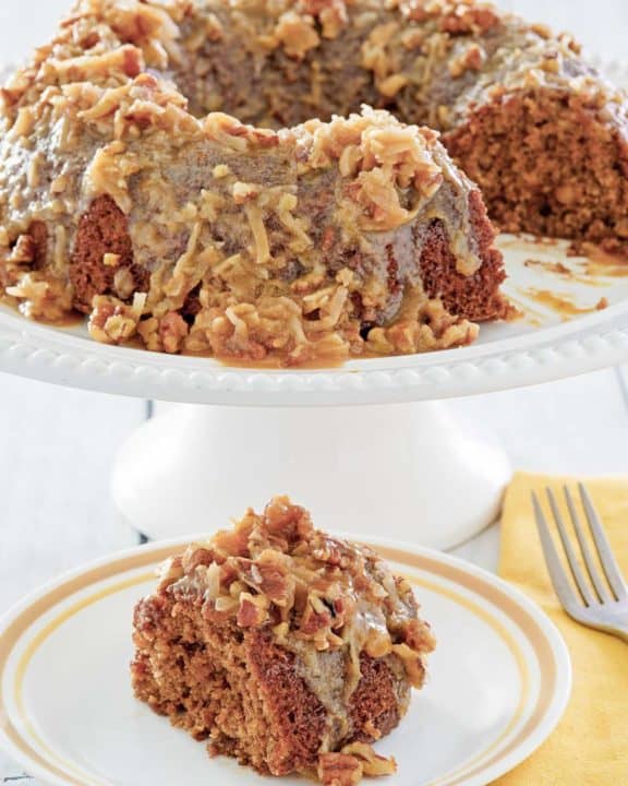oatmeal cake with coconut pecan frosting on a cake stand and a slice on a plate.