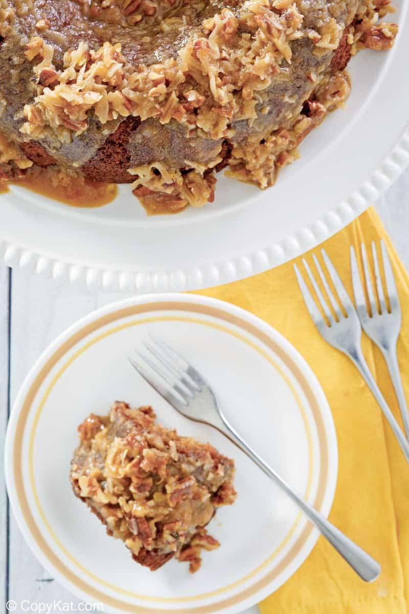 overhead view of oatmeal cake with coconut pecan frosting.